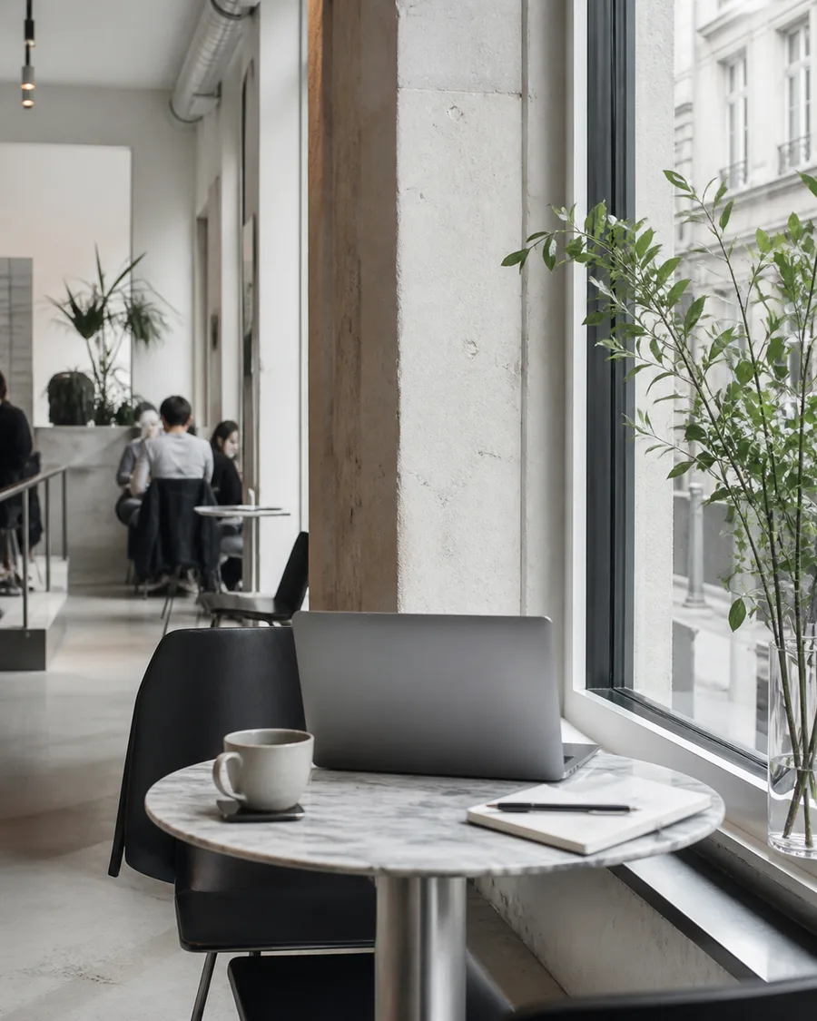 Heller Café-Arbeitsplatz mit Laptop, Kaffee und Notizbuch